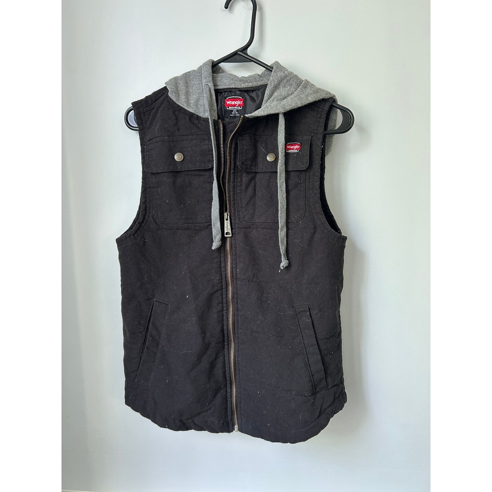 Wrangler Workwear Mens Black Canvas Hooded Vest Padded Quilted S 55110BW